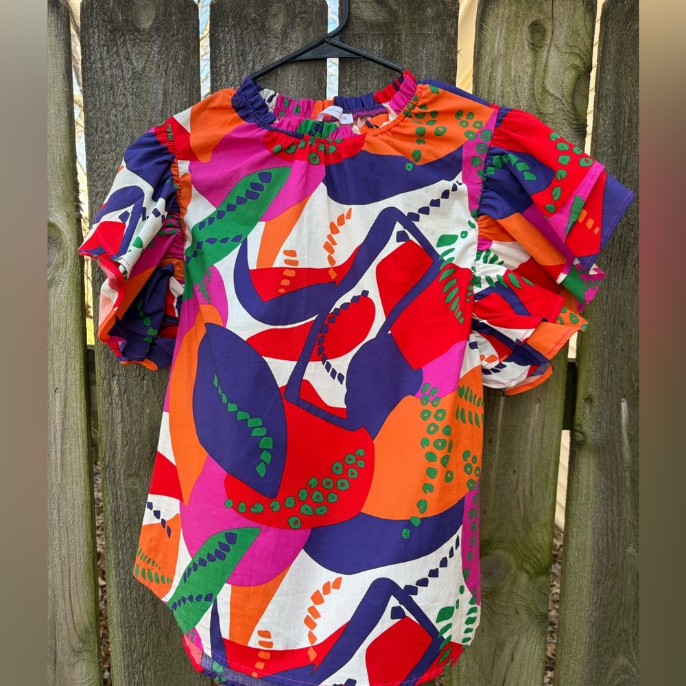 NWOT Ces Femme Boutique Colorful Abstract Blouse Structure Sleeve M - Picture 10 of 10